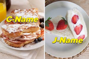 Split image: Left shows a croissant sandwich with turkey; right shows a Japanese fruit sandwich with strawberries