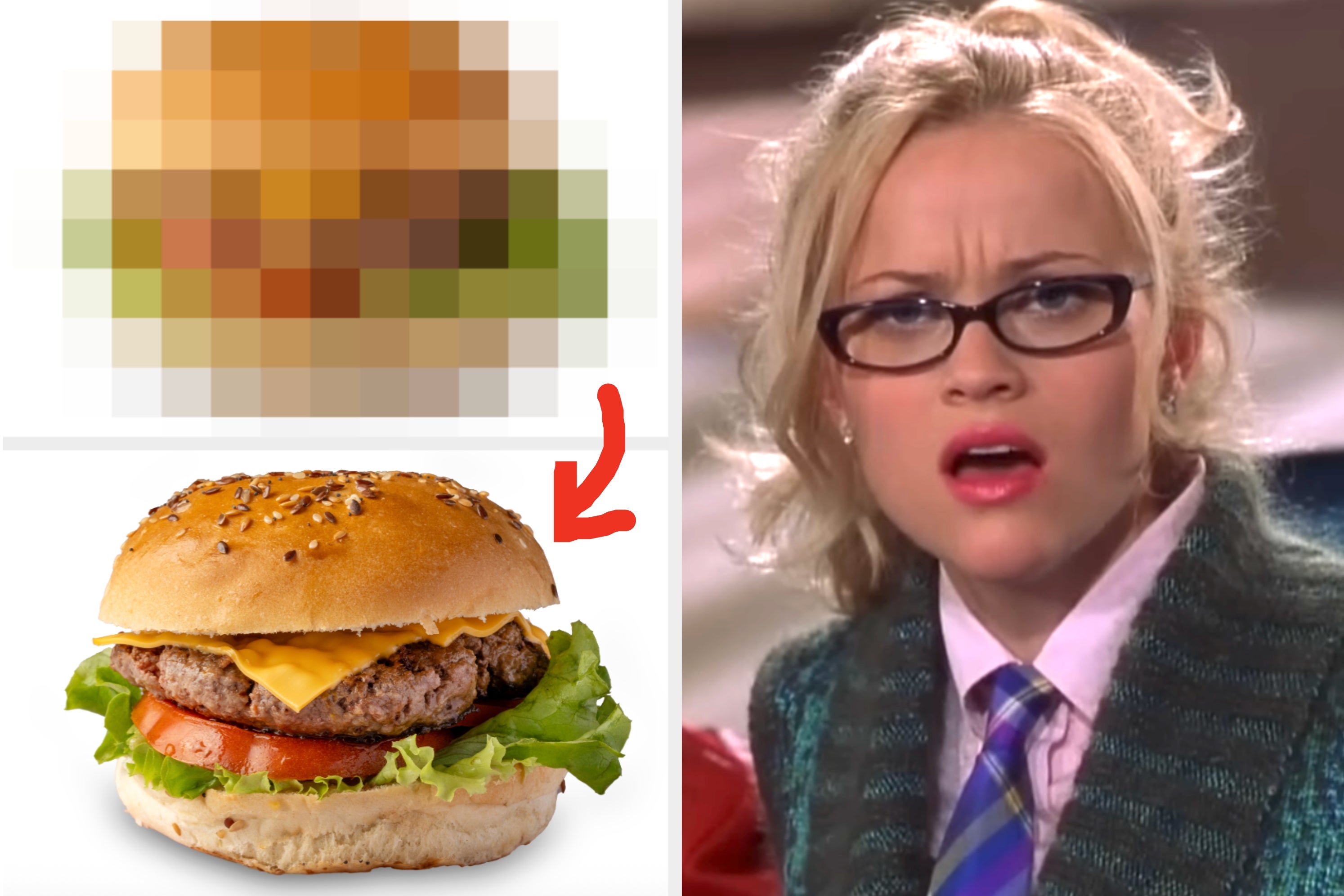 Person looking over glasses on the left; blurred burger with lettuce on the right. Text asks, "What food is this?"