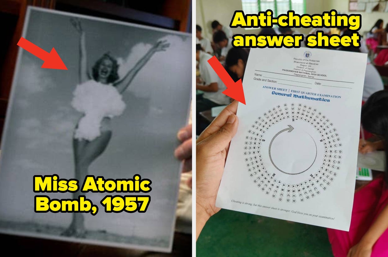Left: A black-and-white photo of a woman posing in a swimsuit labeled "Miss Atomic Bomb, 1957." Right: Anti-cheating answer sheet with circular layout