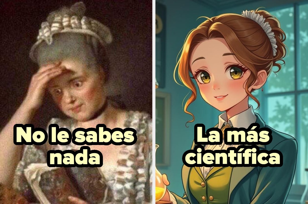 Meme con dos imágenes comparando a una mujer de pintura clásica con una científica de estilo anime. Texto: "No le sabes nada" y "La más científica"