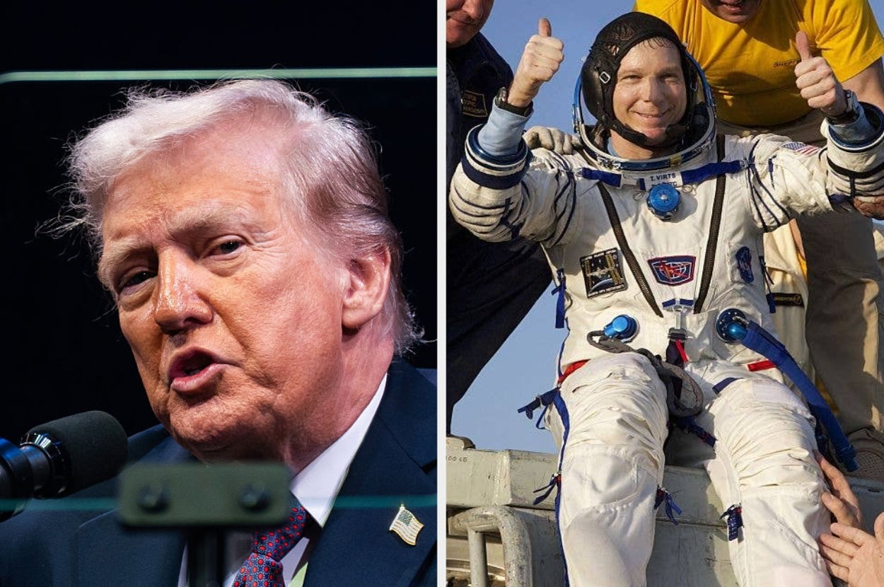 Two side-by-side images: a person speaking at a podium and an astronaut giving a thumbs-up in a space suit