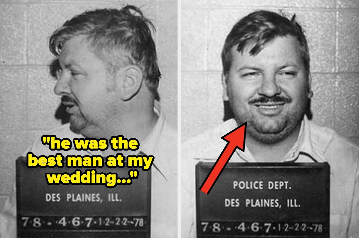 Mugshot of a man from Des Plaines, Illinois, with text overlay: "he was the best man at my wedding..." and a red arrow pointing at him