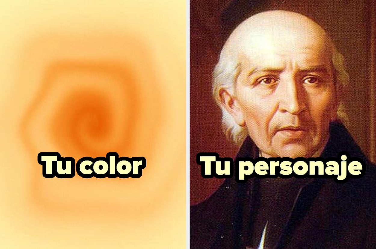 Imagen dividida: a la izquierda, un tono naranja con el texto "Tu color"; a la derecha, un retrato de un hombre con el texto "Tu personaje"