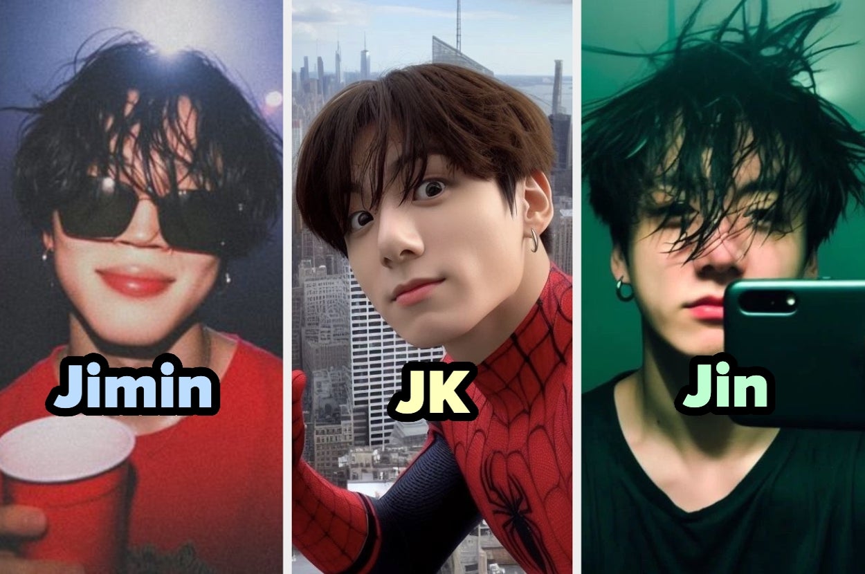 Tres personas con nombres superpuestos: Jimin con gafas de sol, JK con traje de telaraña, y Jin con el pelo alborotado y un teléfono en la mano