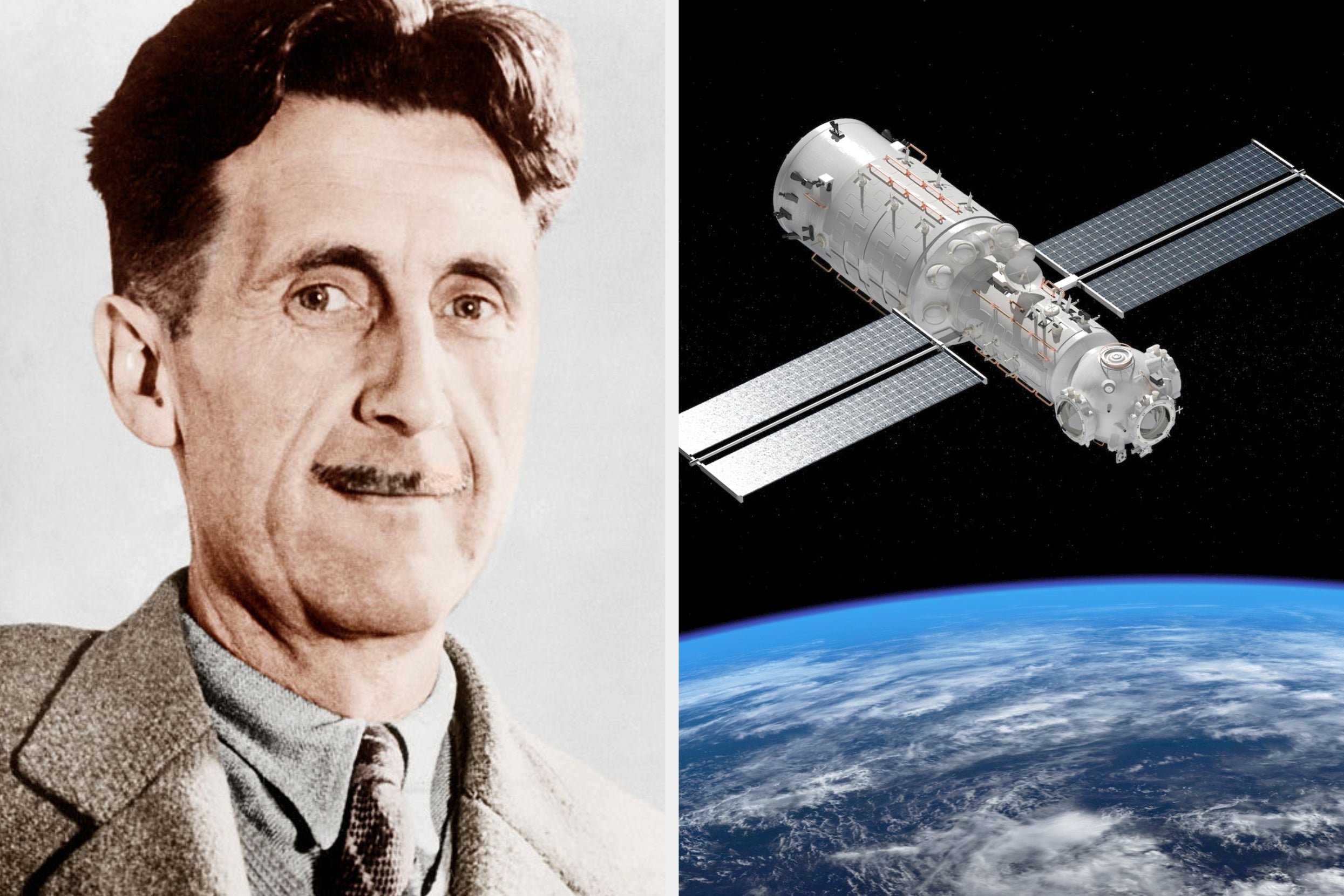 Left: Historical portrait of a man in a suit. Right: A satellite orbiting Earth in space