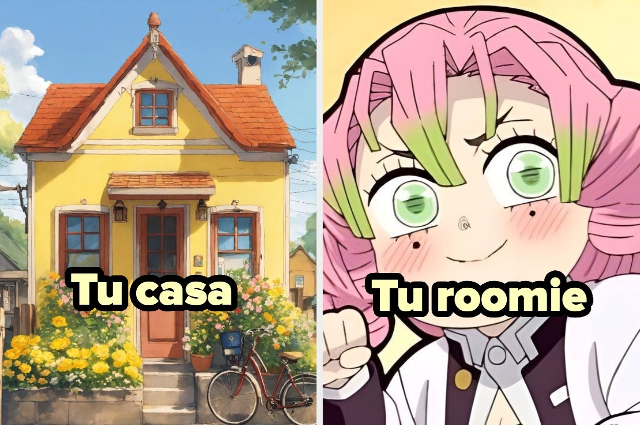 A la izquierda, una casa acogedora. A la derecha, personaje de anime con gesto emocionado. Texto: "Tu casa", "Tu roomie"