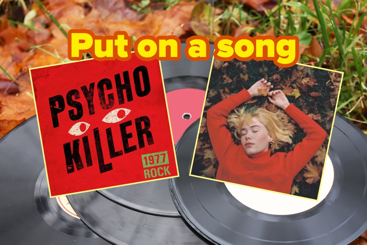 Records on fallen leaves with "Psycho Killer" cover and "Girl in Red" cover with artist, eyes closed. Text: "Put on a song."