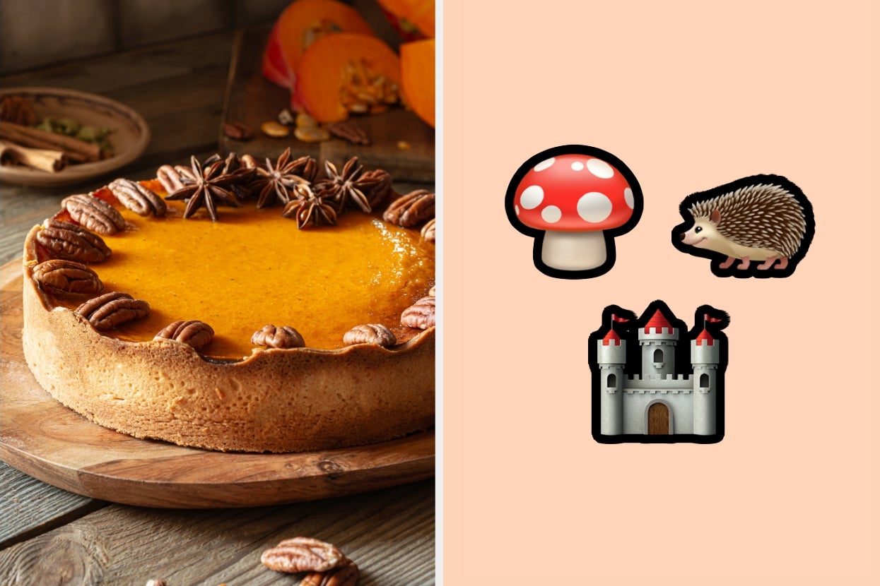 Pumpkin pie with pecans and star anise on a table, beside a red mushroom, hedgehog, and castle emoji on a pale background