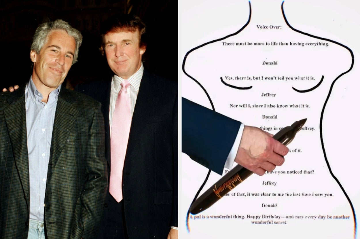 Two men stand together, smiling for a photo. On the right, a hand holds a pen over text on a paper shaped like a silhouette
