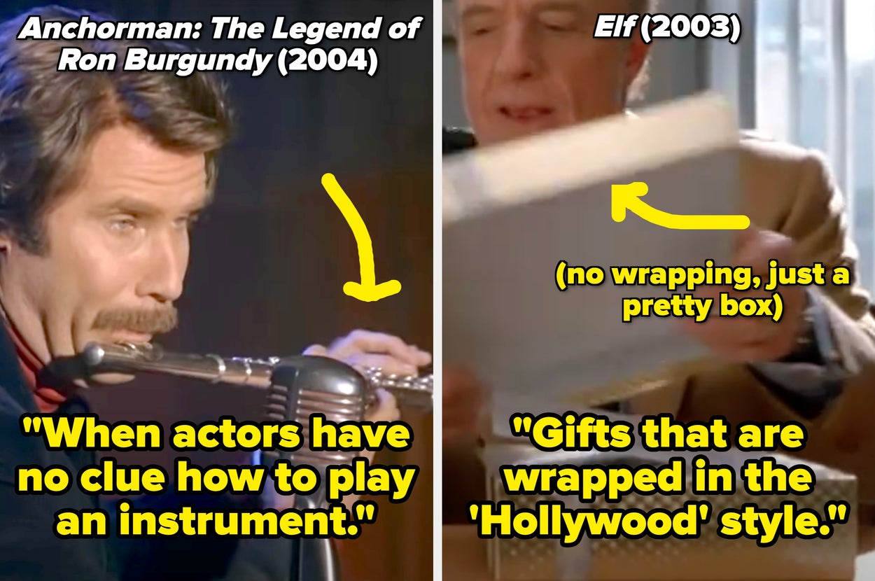 Split image: Left, a man plays a flute poorly; right, a man holds a gift box. Captions humorously compare acting skills with gift wrapping in movies