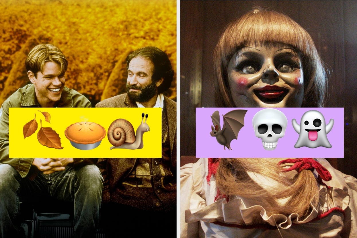 Split image: Left, Matt Damon and Robin Williams in "Good Will Hunting" sitting and smiling with wholesome emojis; right, a doll from "The Conjuring" with a painted face and spooky emojis