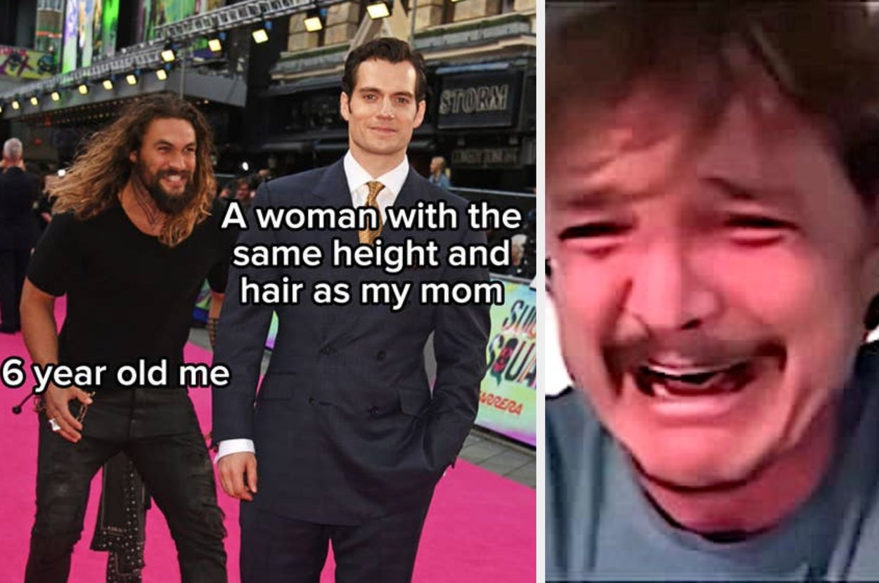 Meme of two men on a pink carpet labeled "6 year old me" and "a woman with the same height and hair as my mom," with a crying man's face beside them