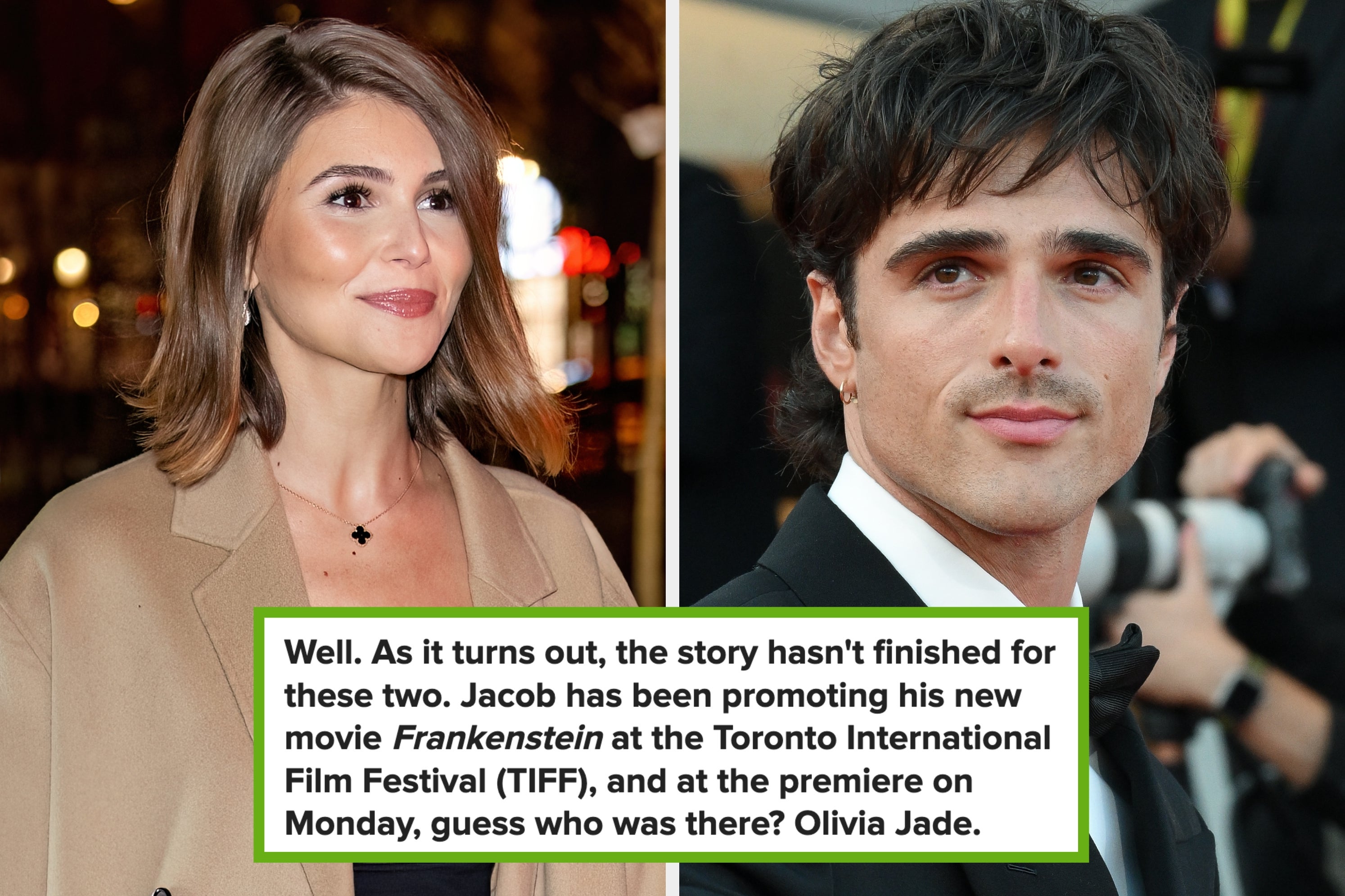 Two people pictured; left person in chic outfit. Text discusses Jacob promoting a movie at TIFF and Olivia Jade's appearance at the premiere