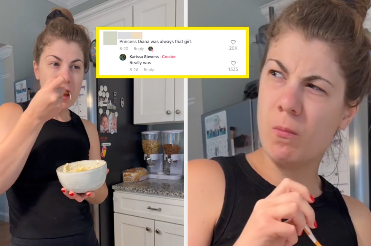 Person eating from a bowl in a kitchen, with a puzzled expression. Overlaid comments mention Princess Diana being iconic