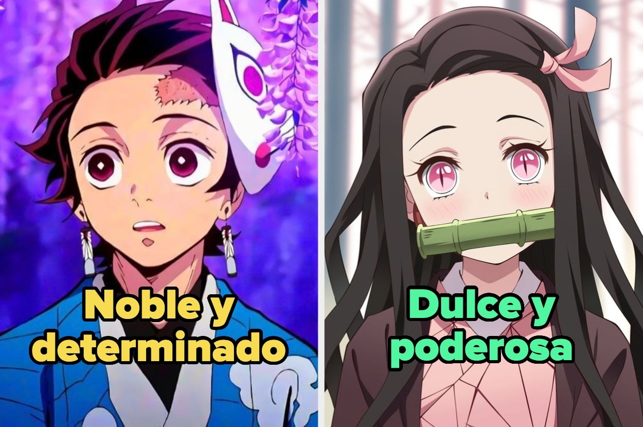 Dos personajes de anime: a la izquierda, un joven con máscara de zorro; a la derecha, una joven con bambú en la boca. Texto: "Noble y determinado", "Dulce y poderosa"