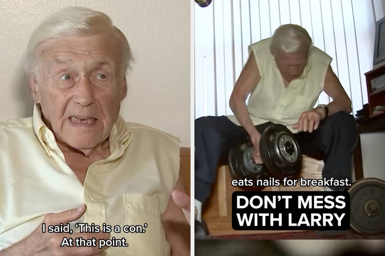Elderly man with white hair and surprised expression, text overlay reads "You have an attitude? DON'T MESS WITH LARRY."