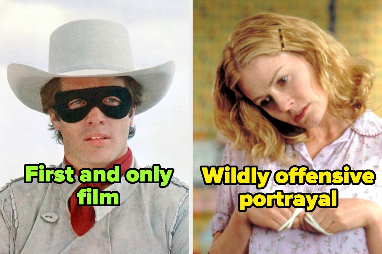Klinton Spilsbury in The Legend of the Lone Ranger captioned "First and only film" and Elizabeth Shue in Molly captioned "Wildly offensive portrayal"