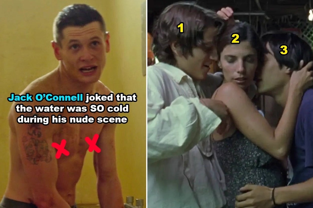 A side-by-side of shirtless Jack O'Connell in "Starred Up," along with the three stars of "Y Tu Mama Tambien" – Diego Luna, Gael García Bernal, and Maribel Verdú –kissing each other