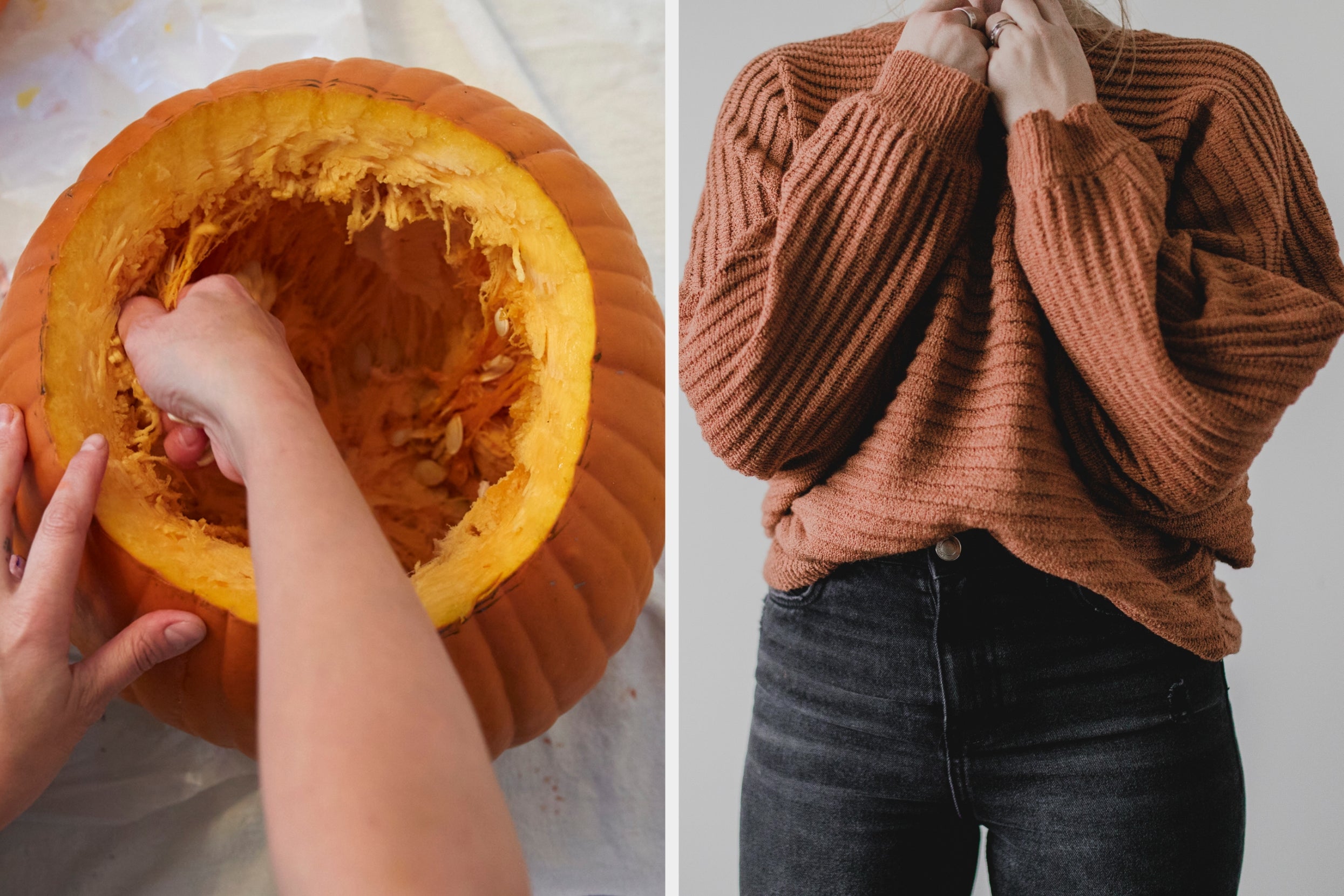 On the left, a hand scooping gunk out a pumpkin, and on the right, someone wearing a cozy sweater