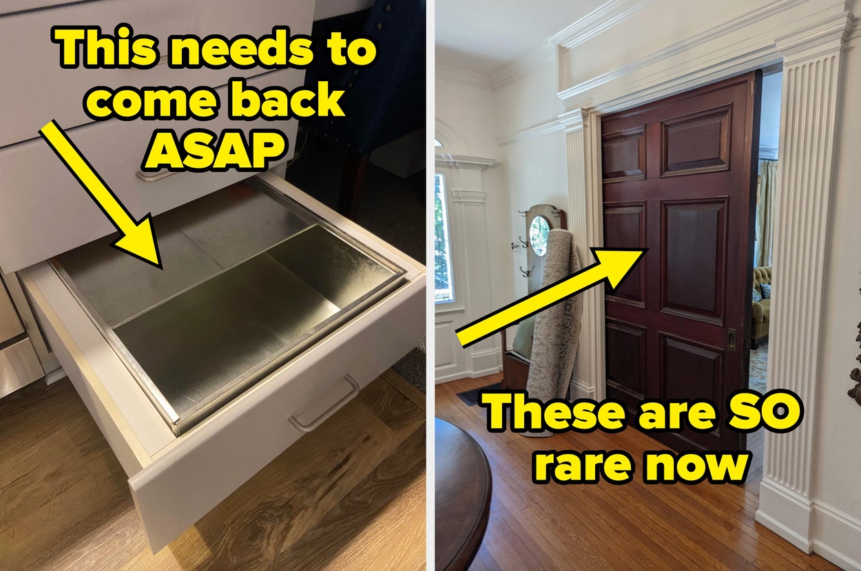 Left image shows a drawer with a built-in bread tray; text: "This needs to come back ASAP"; right image shows a home with pocket doors; text: "These are so rare now"