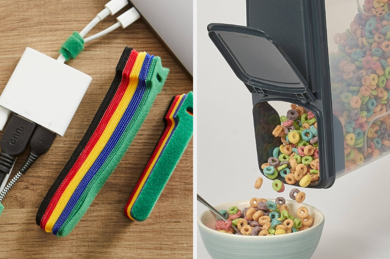 Cable organizers and cereal dispenser with a bowl highlight convenient home products