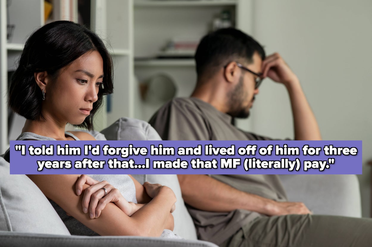 Woman sitting on a couch looking pensive, man in the background with a hand on his head. Text overlay: "I told him I'd forgive him... pay."