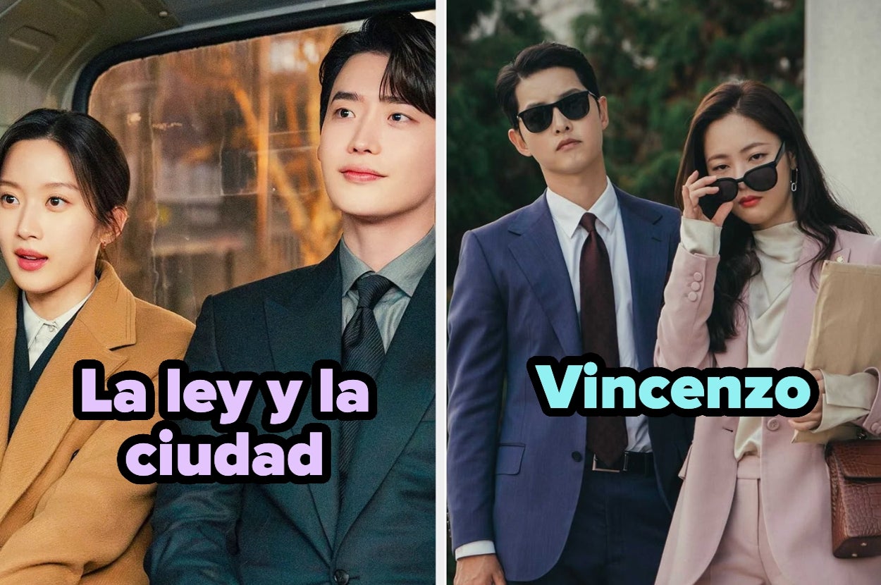 Dos imágenes: una de una pareja en el transporte público del drama "La ley y la ciudad". Otra de dos personas vestidas con trajes elegantes de "Vincenzo"