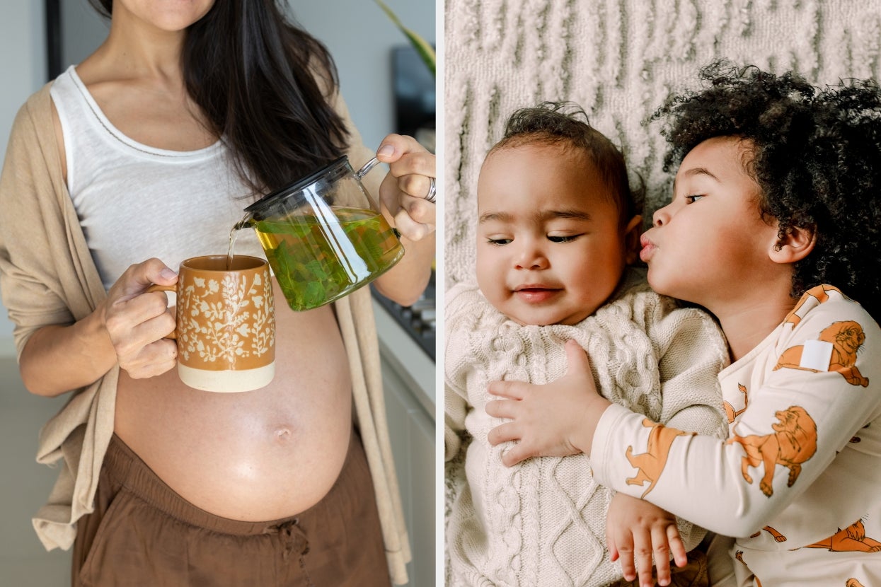 A pregnant person pours tea. Next to them, two young children cuddle on a cozy blanket