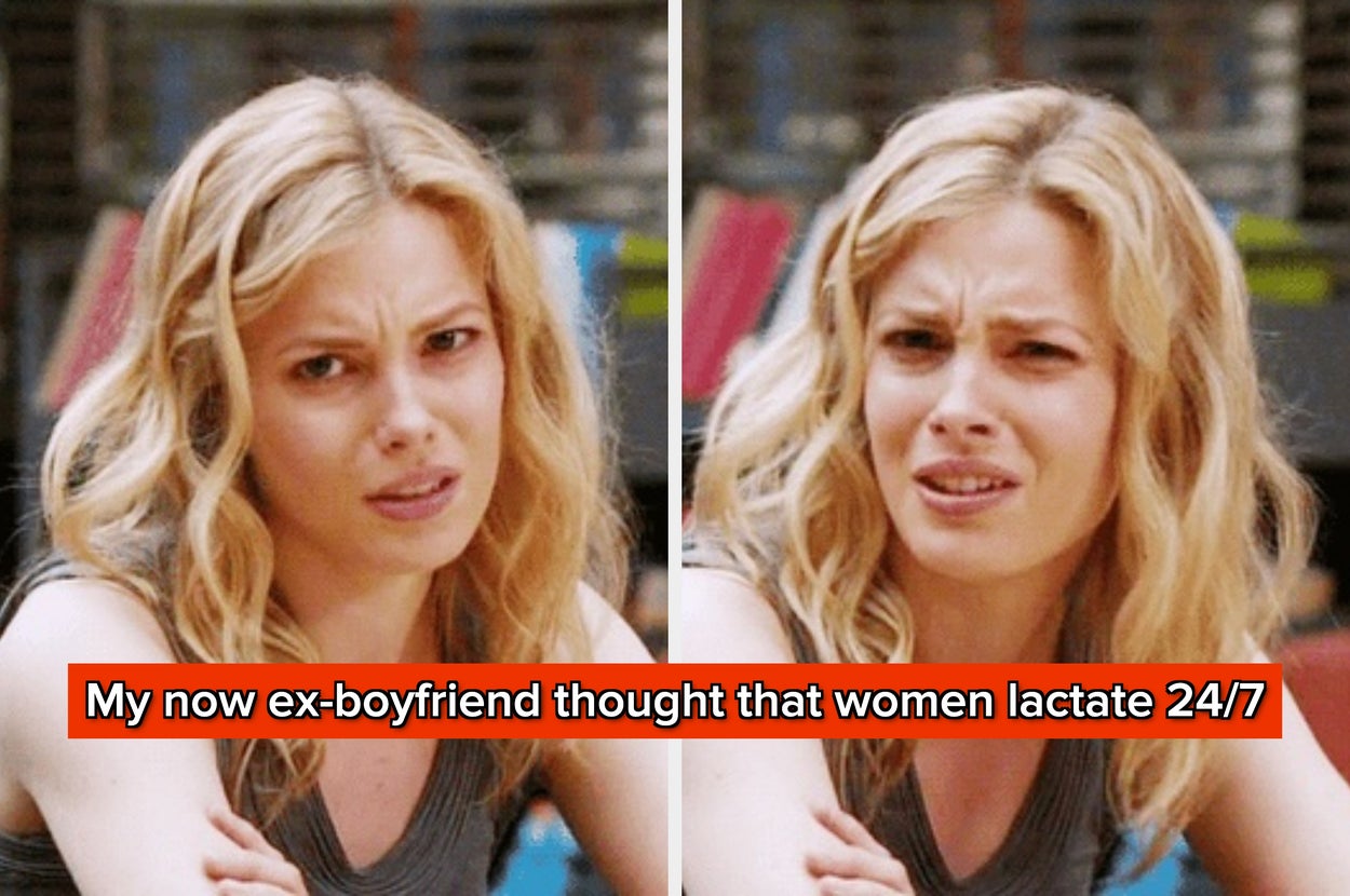 Confused woman with wavy hair reacts. Caption reads: "My now ex-boyfriend thought women lactate 24/7."