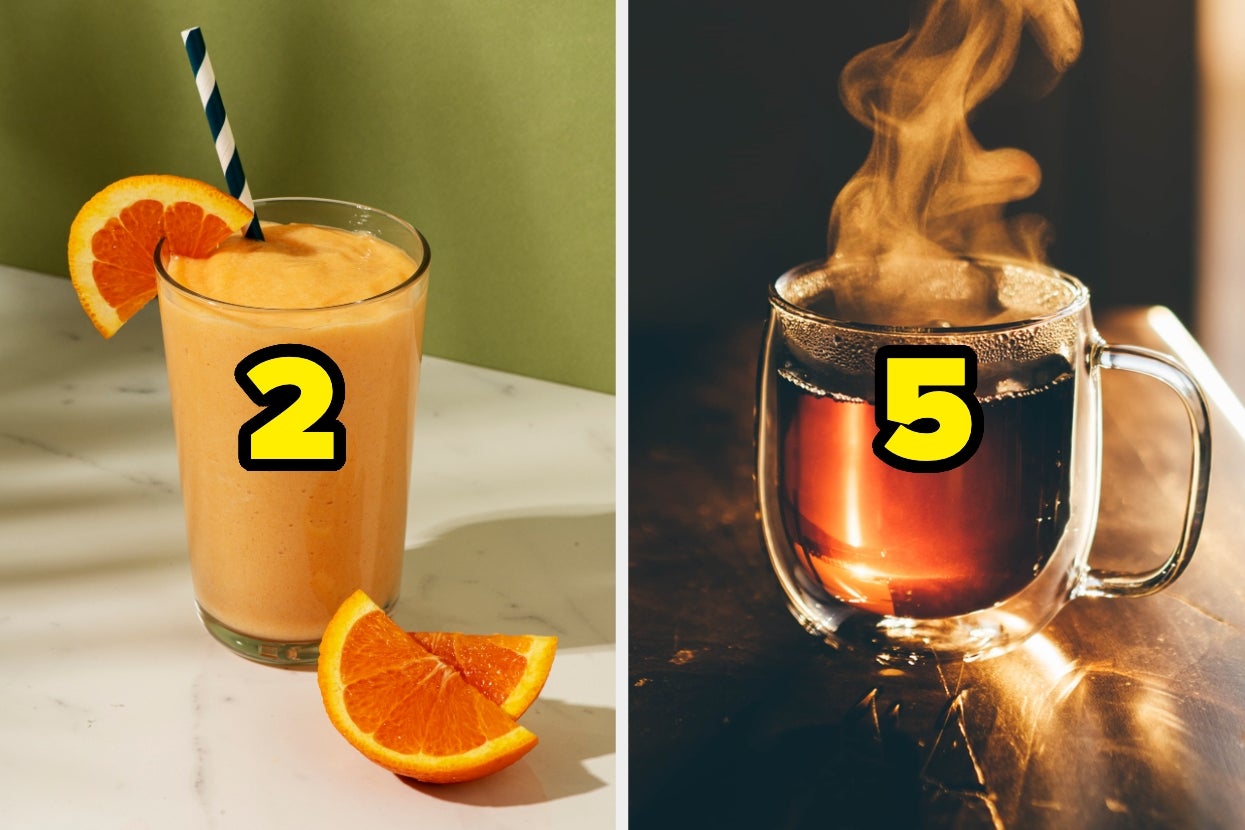 Two drinks: a cold orange smoothie with a straw, and a steaming cup of tea, labeled 2 and 5, respectively