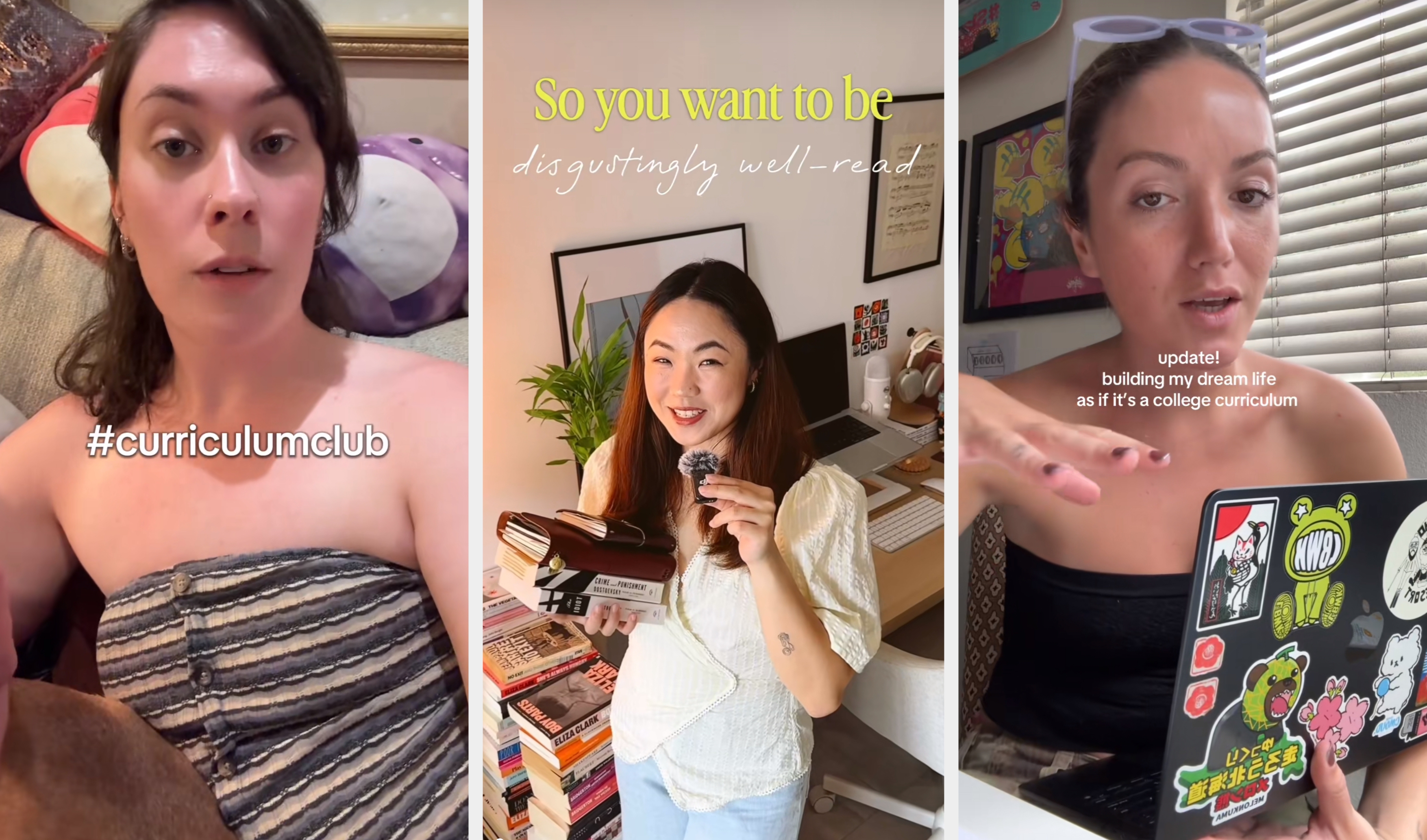 Kvinne i en uformell hvit topp smiler, holder en informasjonskapsel og balanserer bøker på et skrivebord. Tekst lyder, & quot; Så du vil være motbydelig godt lest. & Quot;