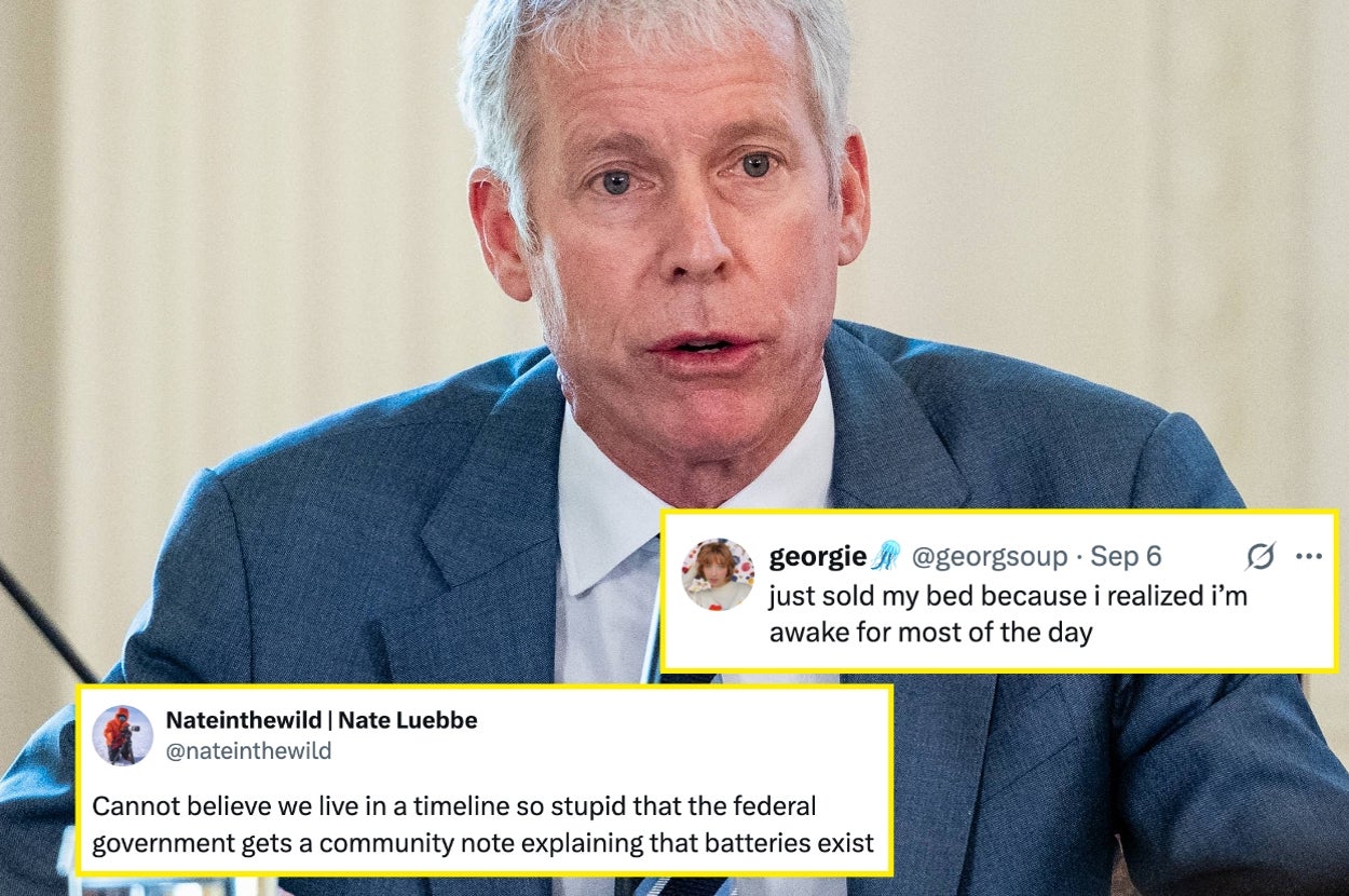 A man in a formal suit at an event. Overlaid are tweets: one about selling a bed, another about government notes on battery existence