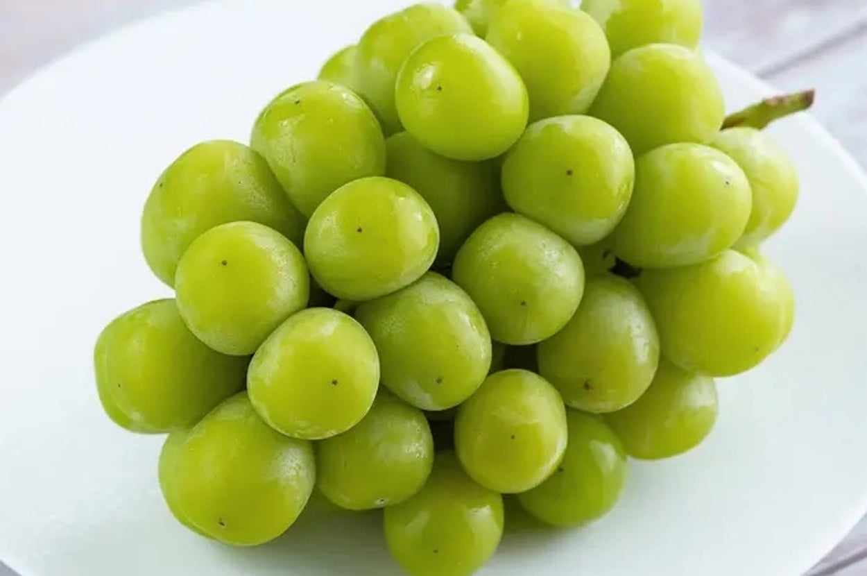 白い皿に盛られた新鮮な緑のブドウの房。食欲をそそる光沢があります。