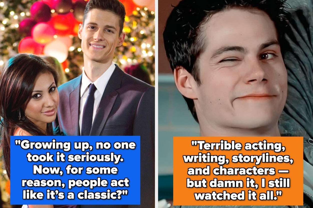 Split image: left side shows a wolf-like character; right side shows a person winking. Text reads: "Terrible acting...but damn it, I still watched it all."