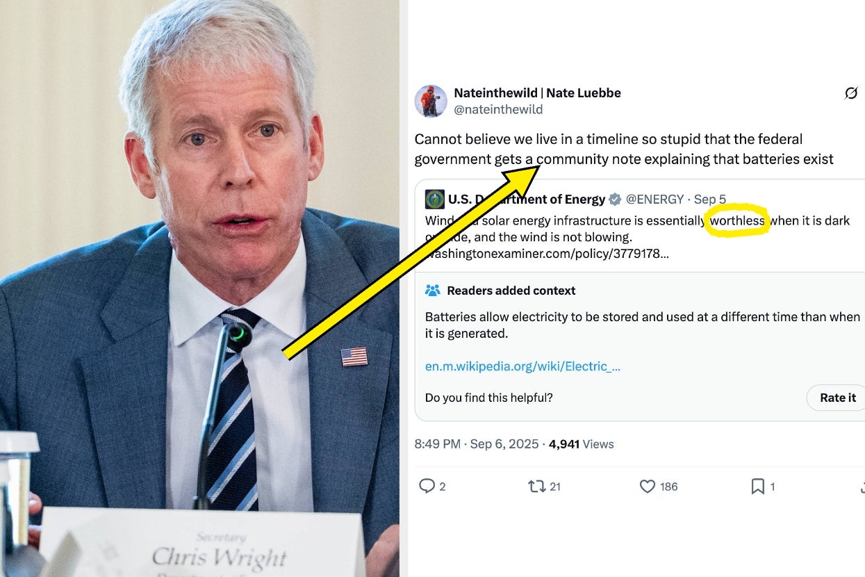 Man speaks at an event; highlighted post questions the necessity of an official notice about batteries