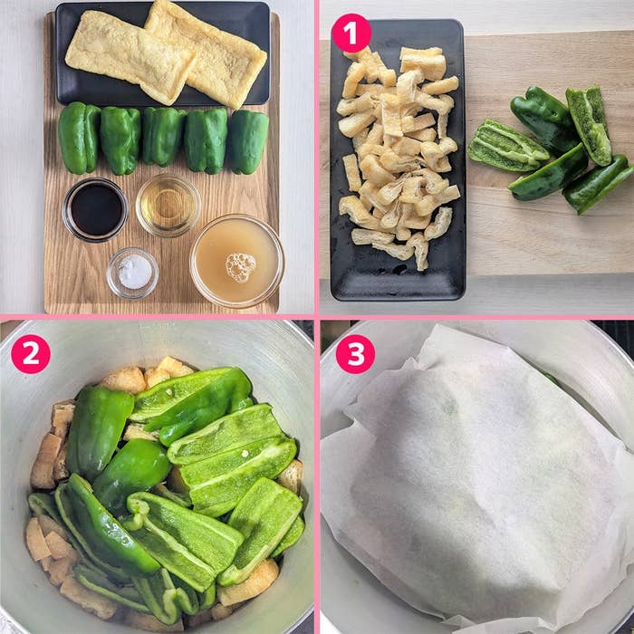 ピーマンと油揚げの調理手順を示す3つのステップの画像。ステップ1: 材料準備。ステップ2: 鍋に材料追加。ステップ3: 調理中。