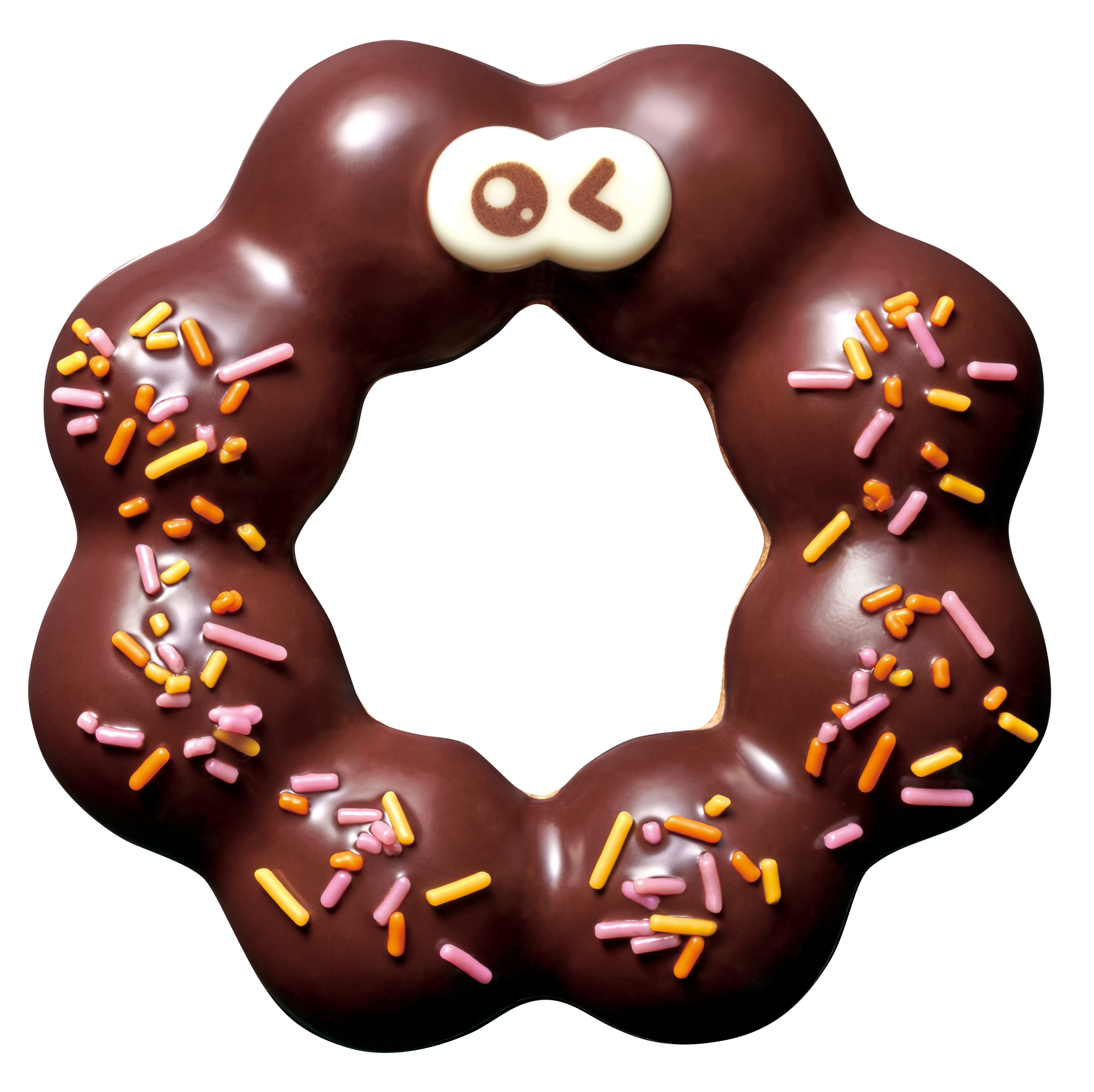 ドーナツ形のチョコレート菓子。上にカラフルなスプリンクルと表情豊かな顔の装飾。