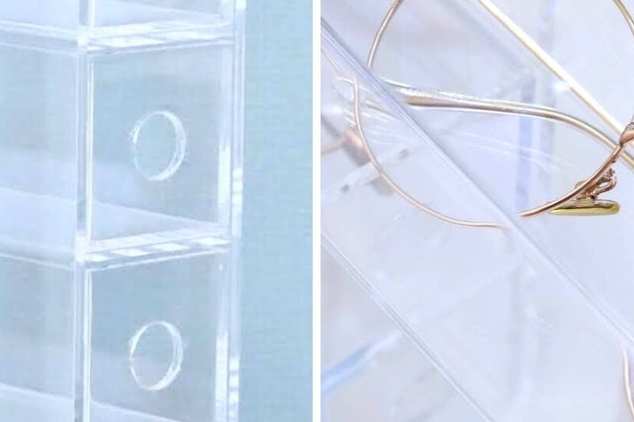 透明なアクリル製の引き出しに眼鏡を収納している様子。右上に「※通常の使用方法」との記載。