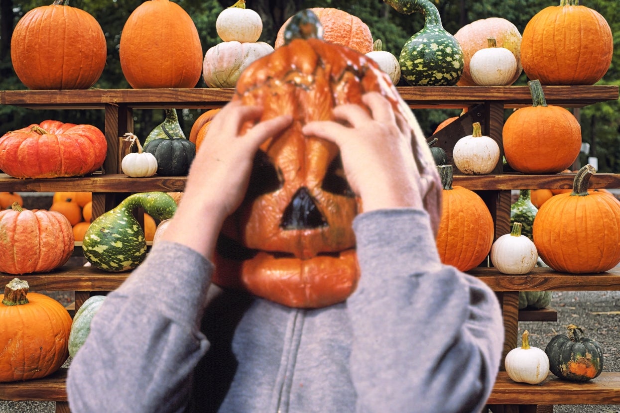 Person with pumpkin head from "Halloween III," overlaid on assorted pumpkins on shelves