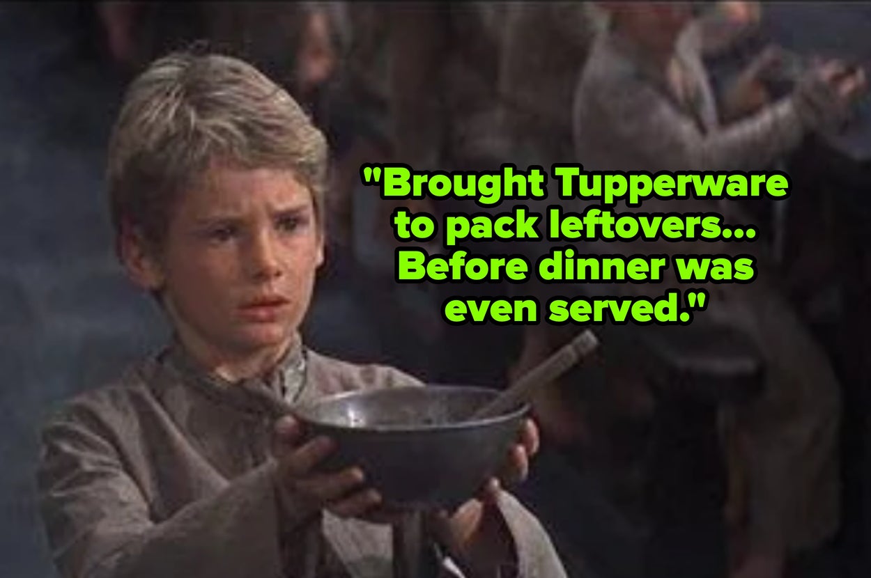 Boy holding a bowl with text: "Brought Tupperware to pack leftovers... Before dinner was even served."