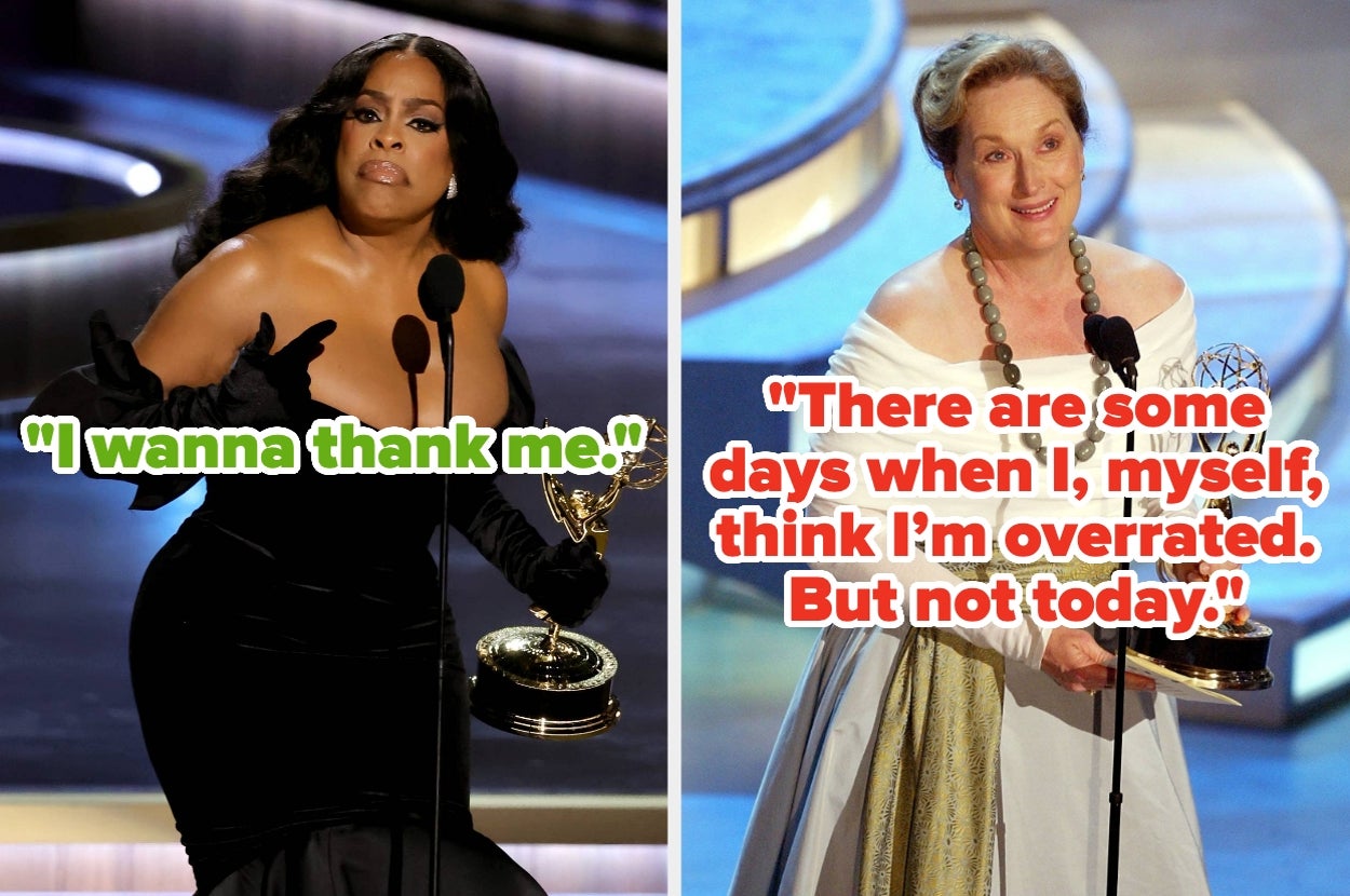 Two women each holding an award on stage, with humorous quotes displayed