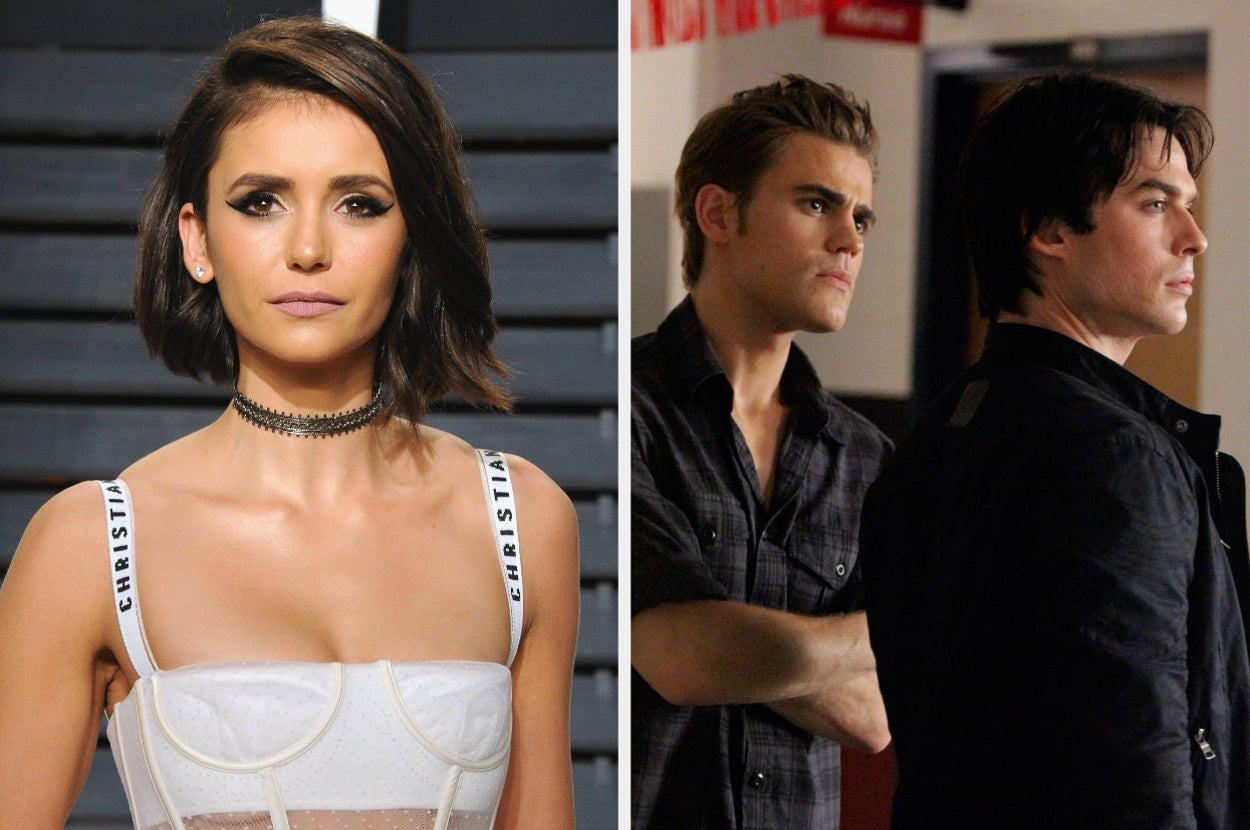 Left: Close-up of Nina Dobrev at an event. Right: Paul Wesley and Ian Somerhalder in a TV scene