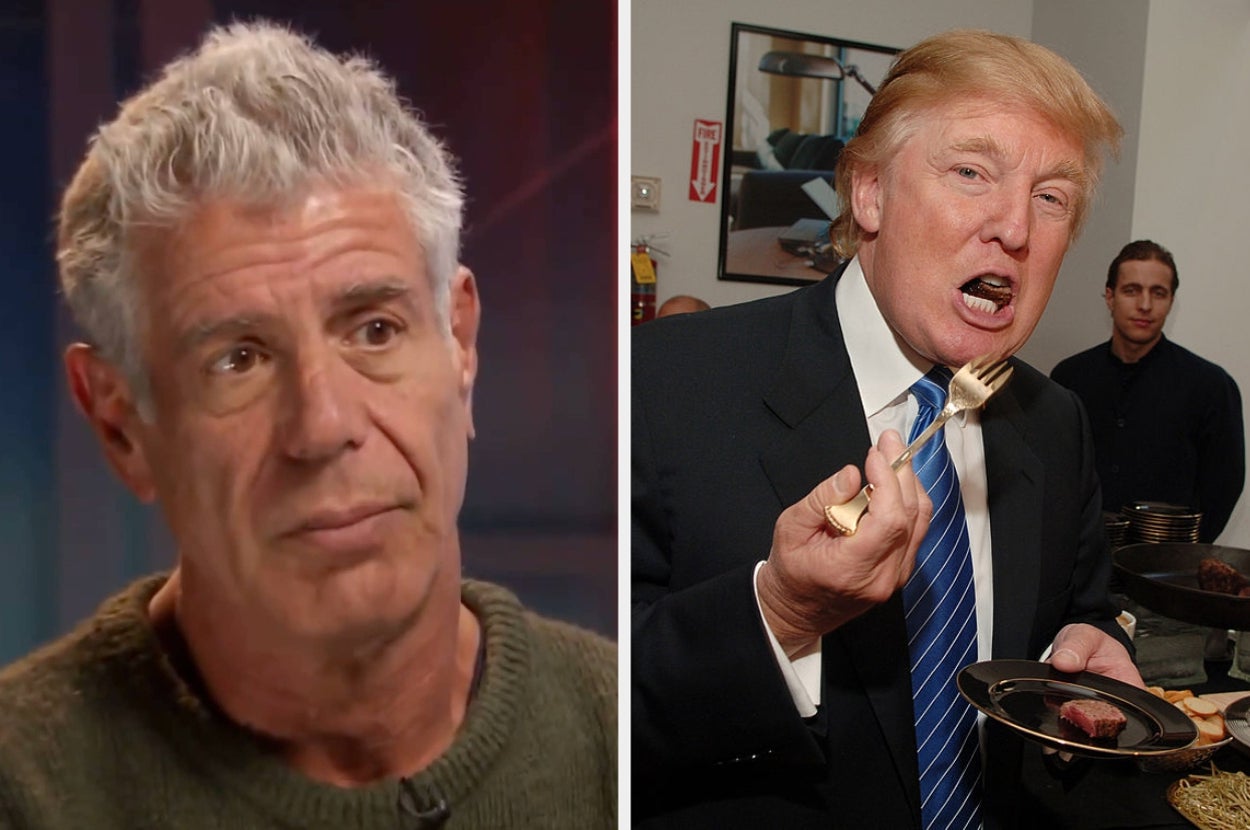 Two separate images: On the left, a man with gray hair. On the right, another man eating with a fork in a suit and tie