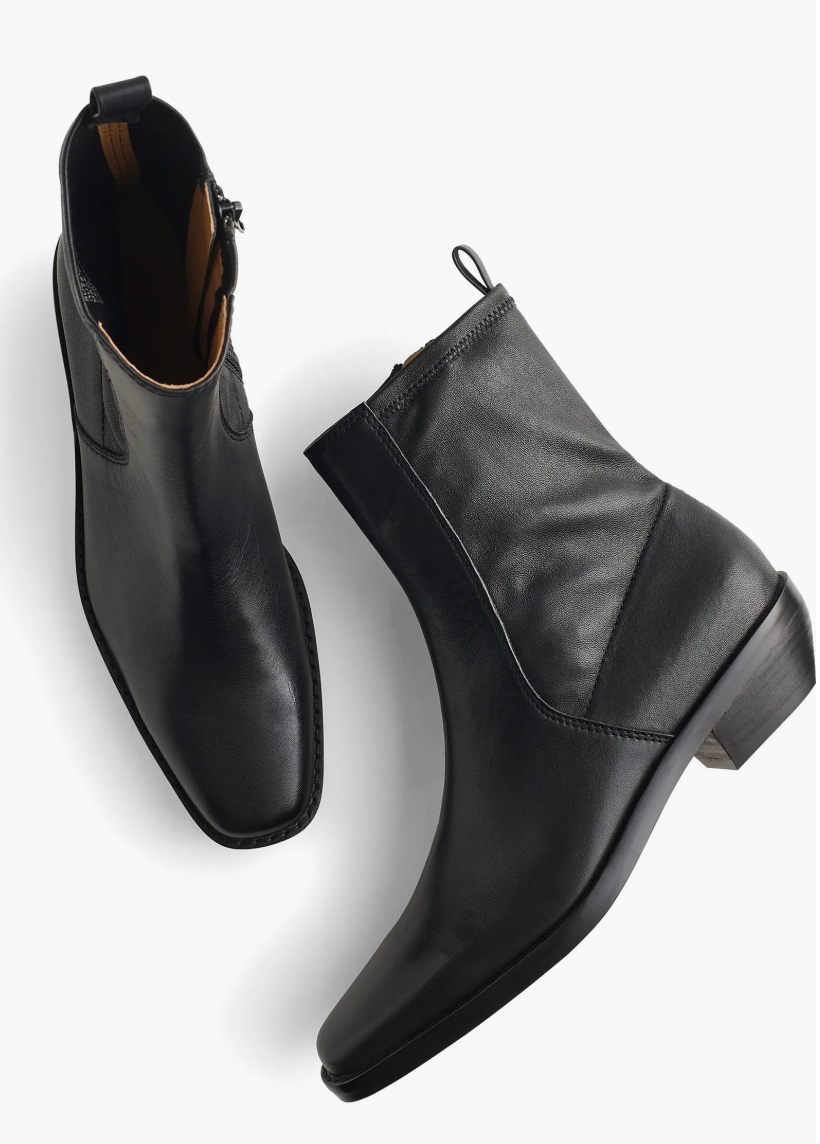 Pair of sleek, black ankle boots with a low heel and side zipper, viewed from above