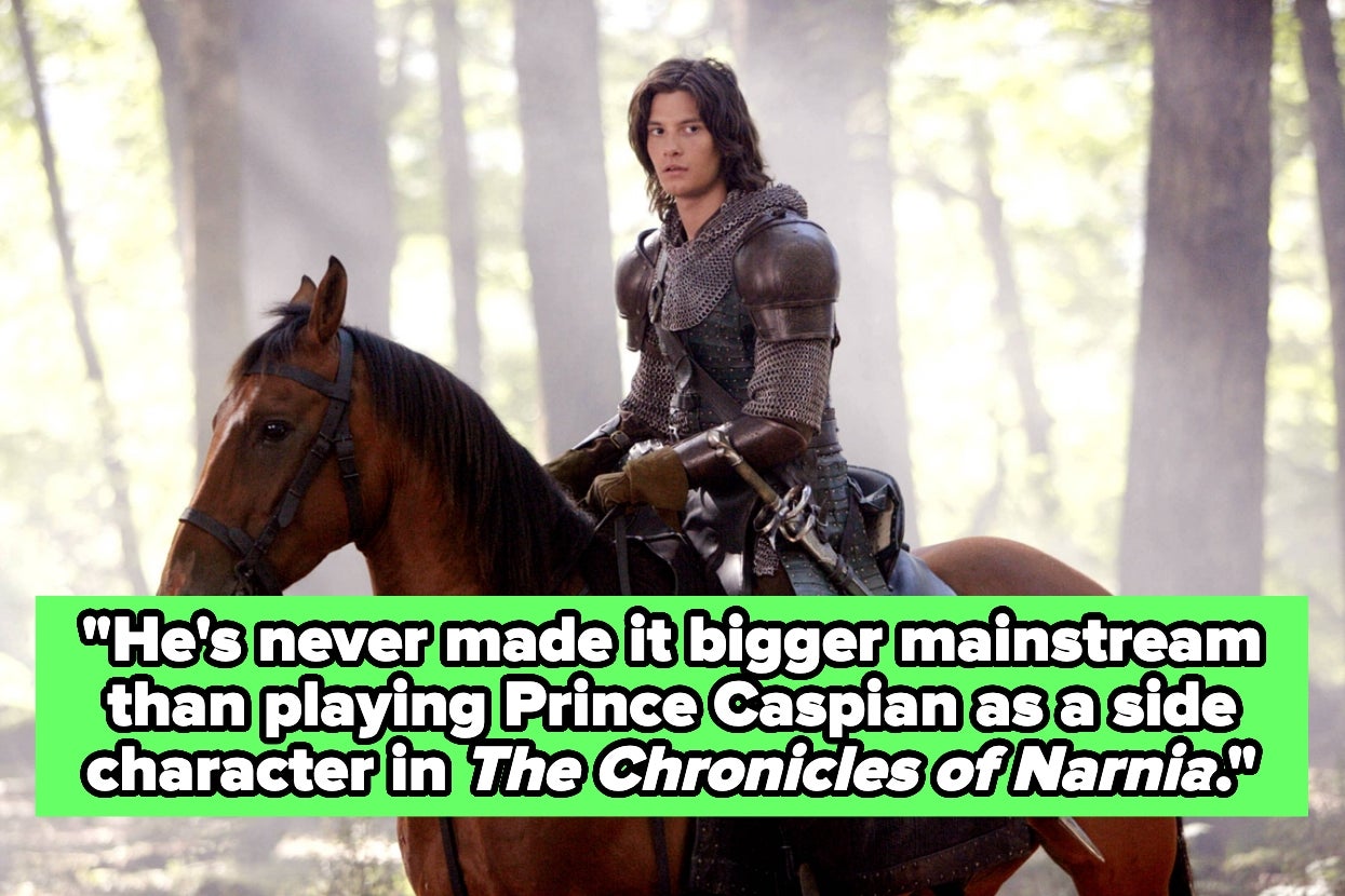 Ben Barnes in medieval armor on horseback in a forest. Caption: "he's never made it bigger mainstream than playing Prince Caspian as a side character in The Chronicles of Narnia"
