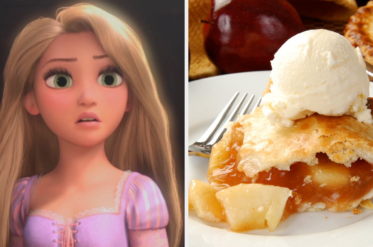 An animated character with long hair looks surprised; next to it, a slice of apple pie topped with vanilla ice cream and a fork on a plate