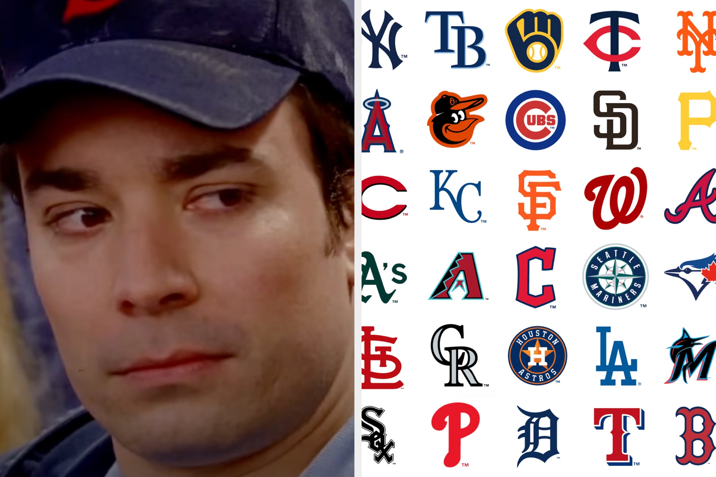Left: Person looking sideways. Right: Logos of various Major League Baseball teams