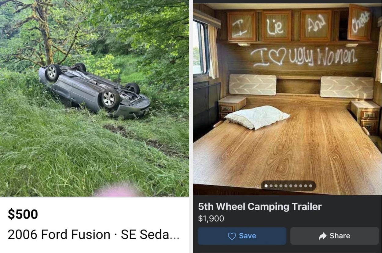 Left: Overturned gray sedan in grassy area, listed for $500. Right: 5th wheel camper interior with graffiti saying "I love ugly women," listed for $1,900