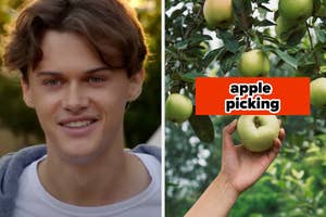 Smiling person outdoors; hand picking green apple with "apple picking" text