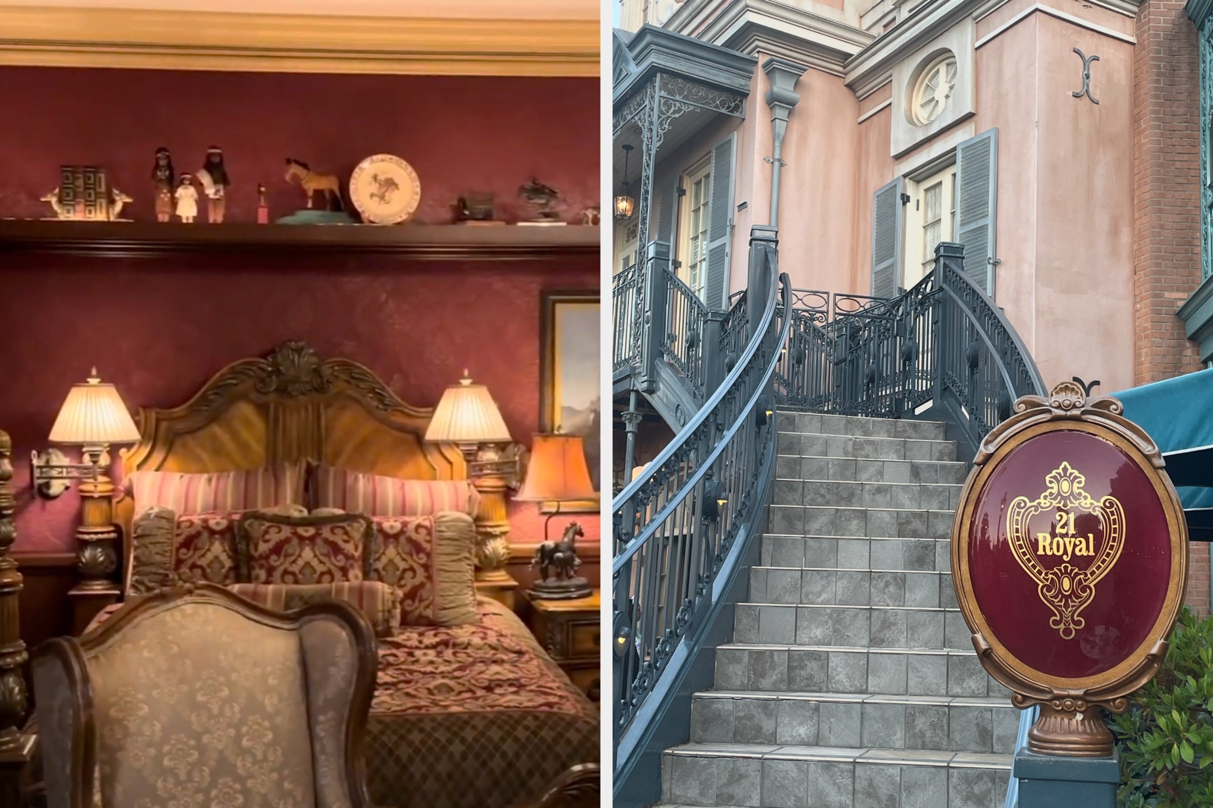 Elegant hotel room with wood accents and vintage decor; adjacent, a grand staircase leads to an entry labeled "21 Royal."